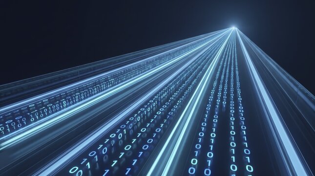 Digital data streams flowing into a bright light source against a dark background with a sense of speed and connectivity