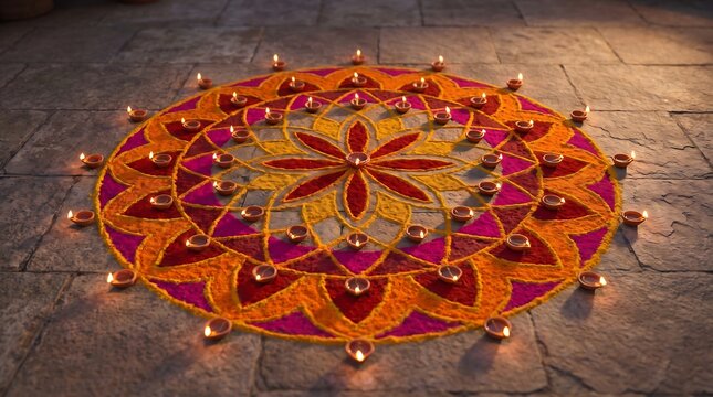 Colorful circular mandala Rangoli decorated with lit oil diyas on stone floor during Diwali celebration