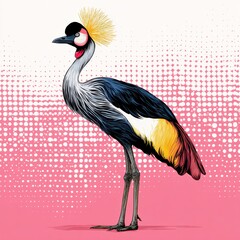 Fototapeta premium Graphic Illustration Of A Grey Crowned Crane With Spiky Yellow Crest Against A Pink Halftone Background
