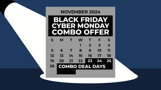 Black friday cyber monday combo offer calendar page and spotlight beam composition