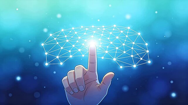 Hand touching digital network structure with glowing nodes on blue green gradient background