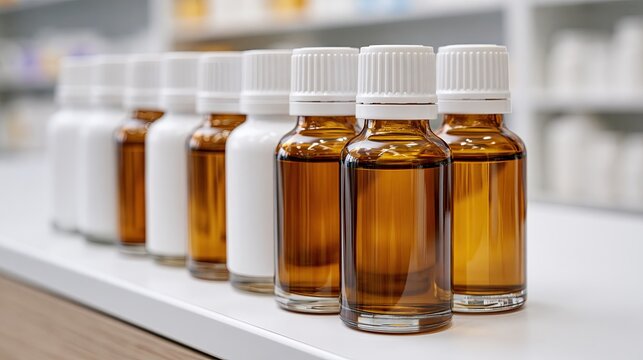 Closeup of brown glass medicine bottles and white plastic pill bottles on pharmacy shelf, transparent bottles filled with pills, modern healthcare and pharmaceutical supply chain concept.