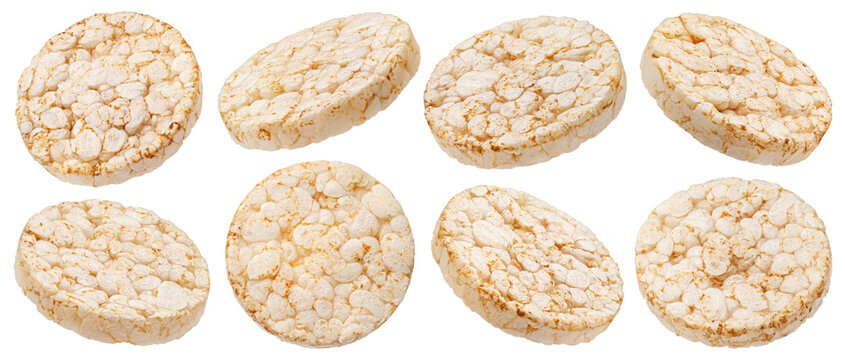 Puffed cereal cakes isolated on white background, full depth of field