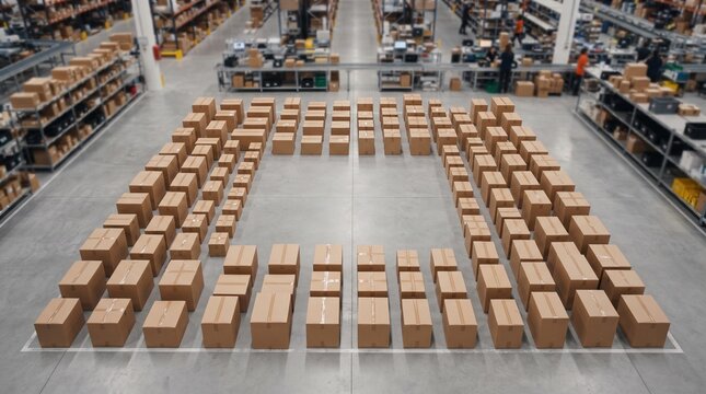 high angle view of organized cardboard boxes arranged in geometric pattern on warehouse floor for inventory