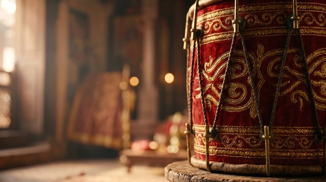 Macro shot of ornate red velvet Indian drum with gold embroidery and warm bokeh background