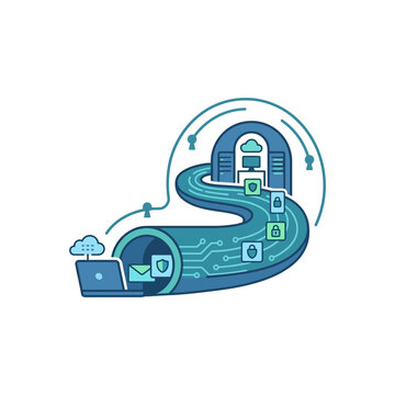 Cybersecurity concept illustration showing encrypted data tunnel between laptop and secure server