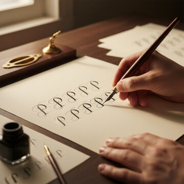 Calligrapher hands writing cursive letters with wooden dip pen and black ink for traditional lettering art practice