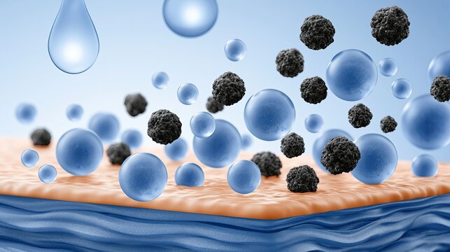 Closeup of water drop falling into 3D skin surface rich in micro bubbles and dark particles, showing deep hydration and cleansing detox medical beauty skincare concept.