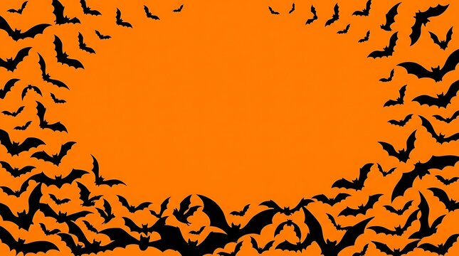 A vibrant halloween background featuring a frame of flying black bats surrounding a central empty orange space for your holiday text