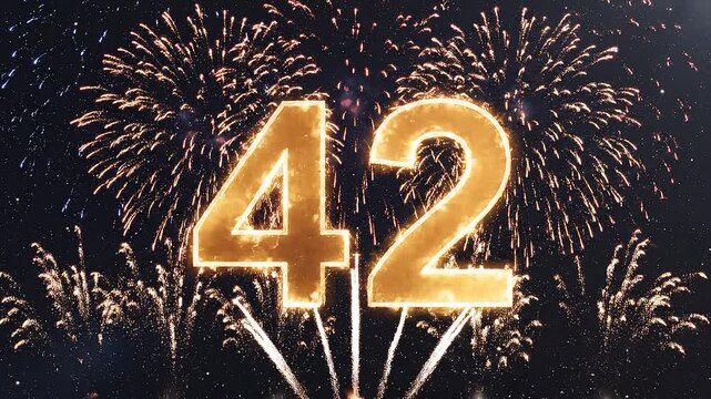 Golden Birthday Number 42 with Fireworks, Gold Particle Animation