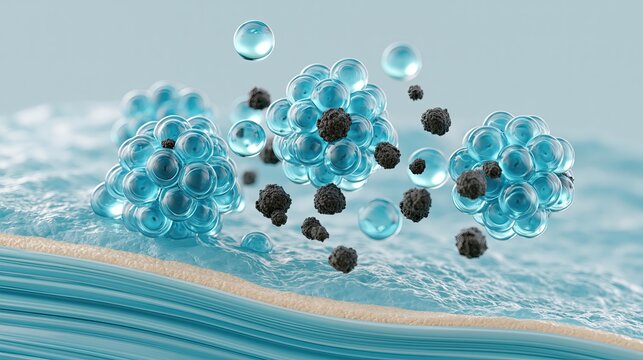Closeup of water drop falling into 3D skin surface rich in micro bubbles and dark particles, showing deep hydration and cleansing detox medical beauty skincare concept.