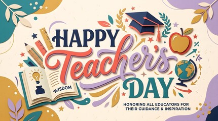 Obraz premium Floral ornament with school supplies and celebratory text announces happy teacher s day in a colorful vector illustration teachersday teachersday2026 education learning