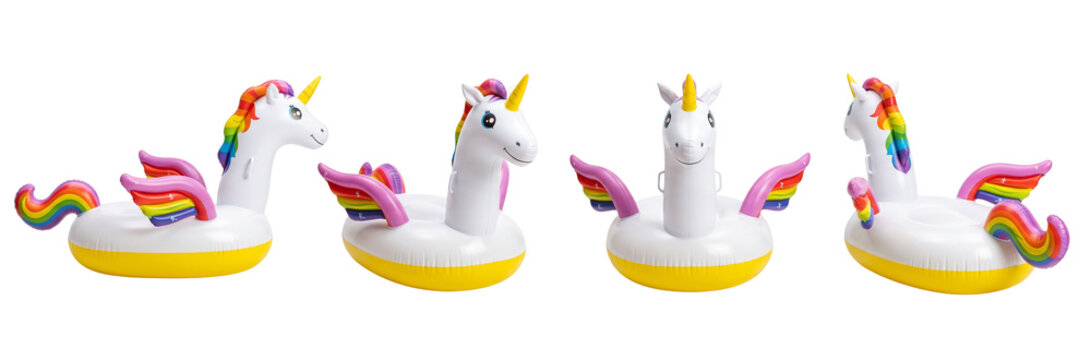 Inflatable Unicorn Pool Floats with Rainbow Mane and Tail, Isolated