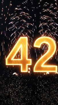 Golden Birthday Number 42 with Fireworks, Gold Particle Animation