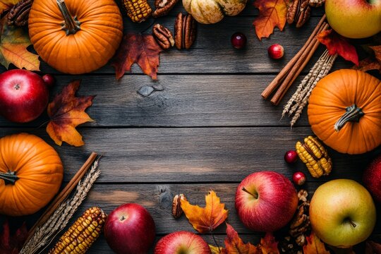Autumn harvest still life with pumpkins and apples, copy space