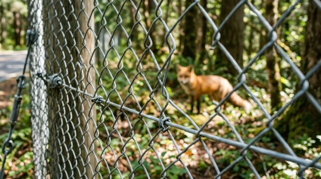 Red fox behind metal chain link fence in green summer forest. Blurred wild animal looking through wire mesh. Wildlife in captivity and habitat protection concept for nature conservation and