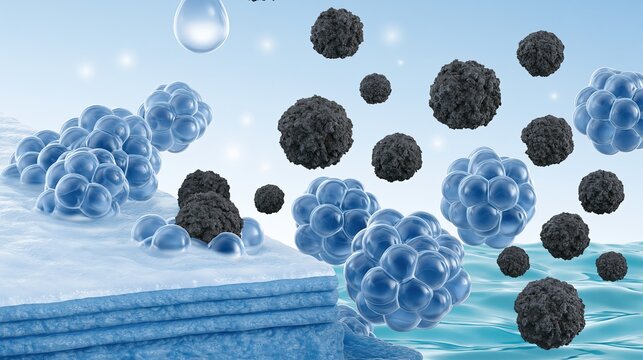 Closeup of water drop falling into 3D skin surface rich in micro bubbles and dark particles, showing deep hydration and cleansing detox medical beauty skincare concept.