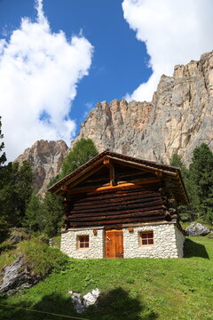Mountain hut, mountain Cir and Sass Ciampac in Alta Badia Valley near Colfosco and Corvara, Dolomites , Trentino, Alto Adige, Sudtirol, South Tyrol, Italy	