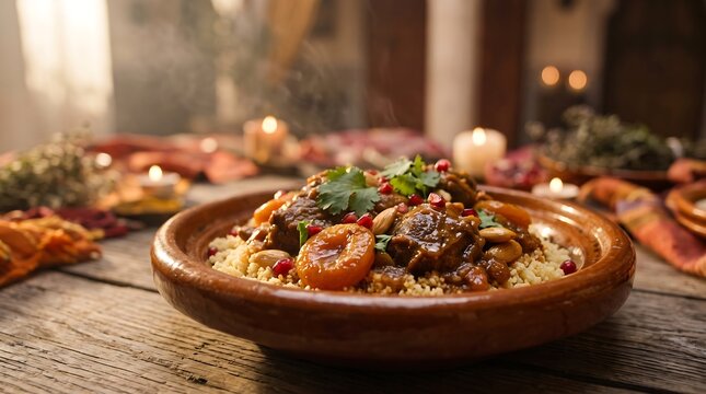 Traditional Moroccan tagine with couscous and dried apricots in warm ambient lighting on rustic table