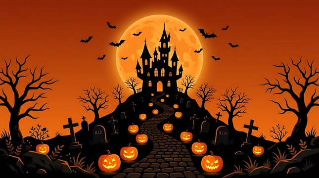 A spooky halloween background featuring a haunted castle silhouette on a hill with a glowing full moon and carved jack o lanterns