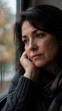 Close-up portrait of a contemplative middle-aged woman resting her chin on her hand by a rain-streaked window, wearing a cozy gray knitted sweater and scarf, melan