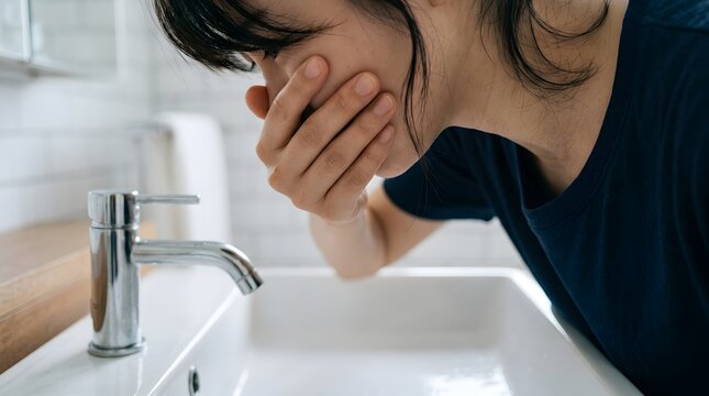 洗面所で口を押さえて吐き気やつわりに耐える女性の横顔