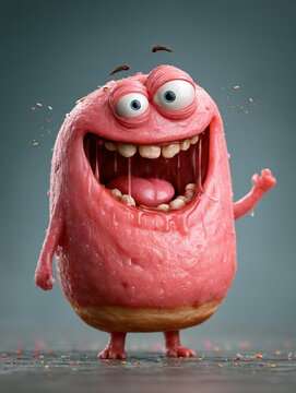 Joyful pink donut creature with wide smile and sprinkles