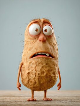 Worried 3D cartoon peanut character with big eyes
