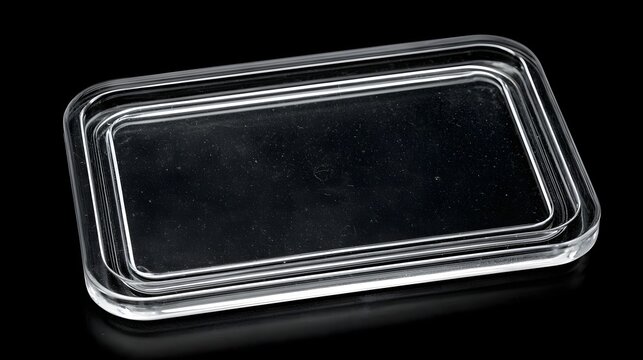 A rectangular transparent plastic lid isolated on black background. Ideal for food packaging design mockups and product presentation.