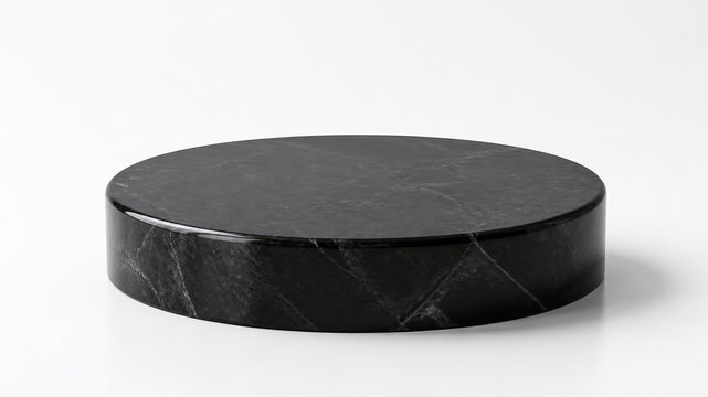 A polished black marble round podium stands alone on a clean, bright white background.