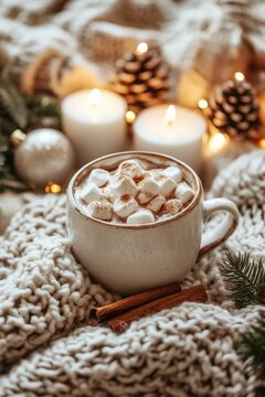 Hot cocoa with marshmallows, cinnamon, and cozy winter decor, vertical