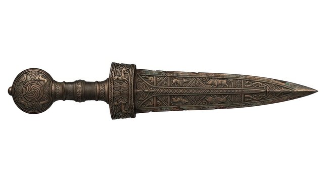 Ancient gladius sword with ornate handle and engraved blade