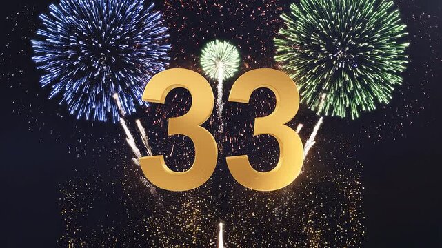 Golden Birthday Number 33 with Fireworks, Gold Particle Animation