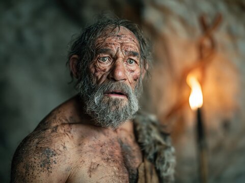 Ancient man portrait in cave with torch light
