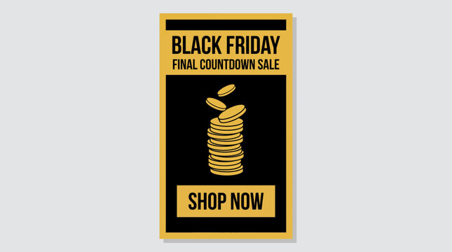 Black friday final countdown sale instagram story layout with coin stack in black and gold colors