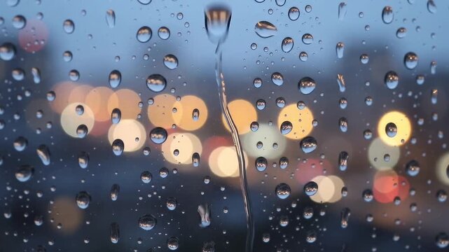 Raindrops sliding down window glass with evening city bokeh background
