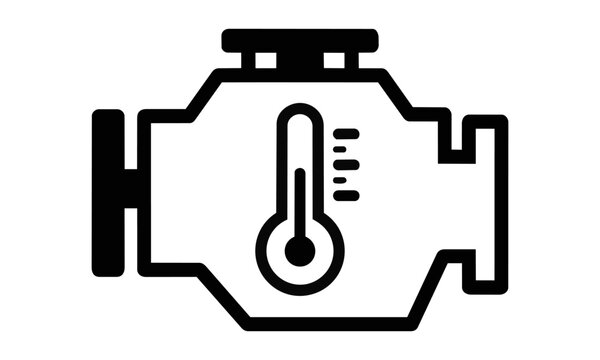 Car engine icon with a central thermometer symbol representing mechanical maintenance or overheating issues in a simple flat style minimalist diagnostic concept