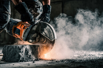 Fototapeta premium A worker in dark, soiled work and black gloves uses a handheld orange and grey circular concrete saw.