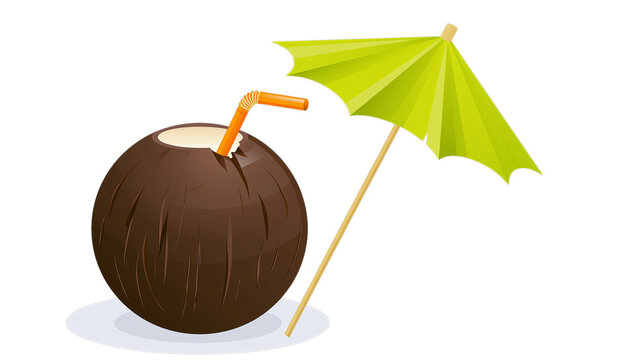 Fresh brown tropical coconut fruit drink featuring orange straw and green paper cocktail umbrella illustration shown on transparent background