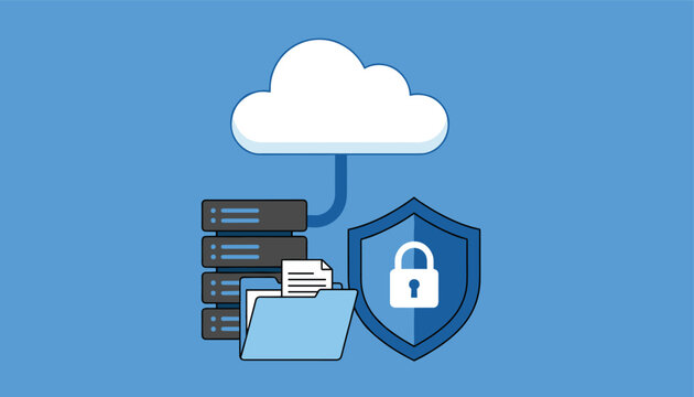 Secure cloud data storage vector icon featuring a server stack computer folder and blue shield with padlock.