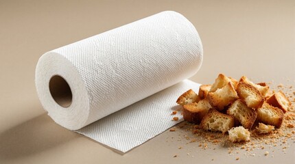 Fototapeta premium White paper towel roll rests near pile of golden brown toasted bread pieces and crumbs on neutral beige surface. Kitchen cleanup preparation, food preparation aid.