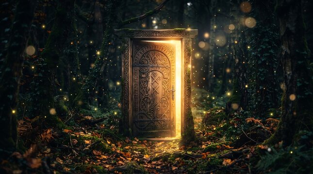 A mystical glowing doorway standing in a dark enchanted forest with floating particles and magical light