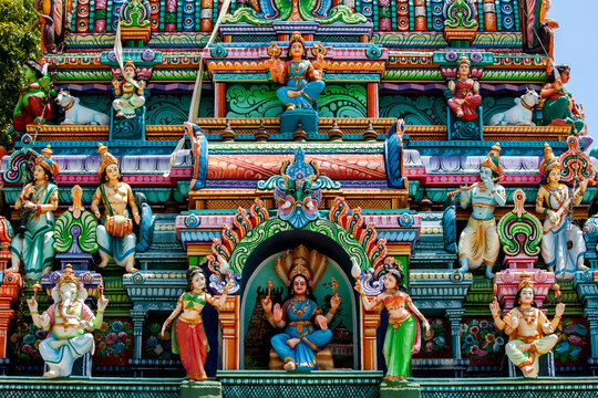 A section of the gopuram at Naga Pooshani Ambal Kovil on Nainativu Island in the Jaffna region of Sri Lanka. The temple is dedicated to the Hindu goddess Ambal.