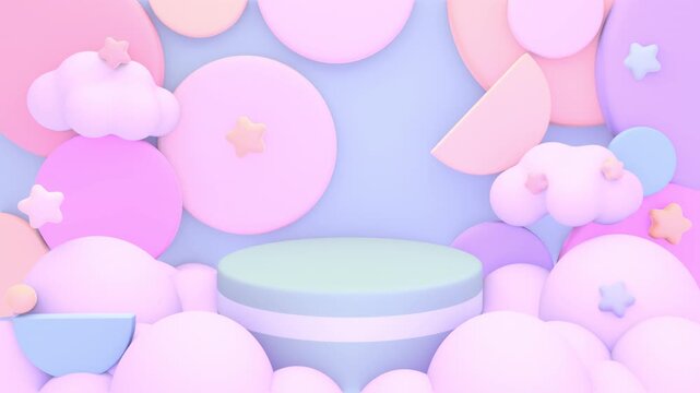 Dreamy pastel podium with circles and clouds animation. (loop)