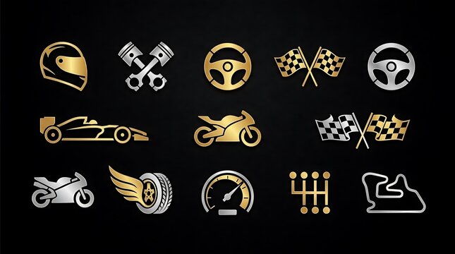 Gold and silver racing icons set on black background