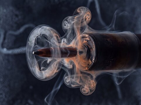 Close-up of a bullet exiting a silencer muzzle, with swirling smoke and muzzle flash detail, high-speed photography