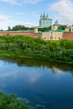 The fortress wall of the Smolensk Kremlin and Assumption Cathedral, Russia