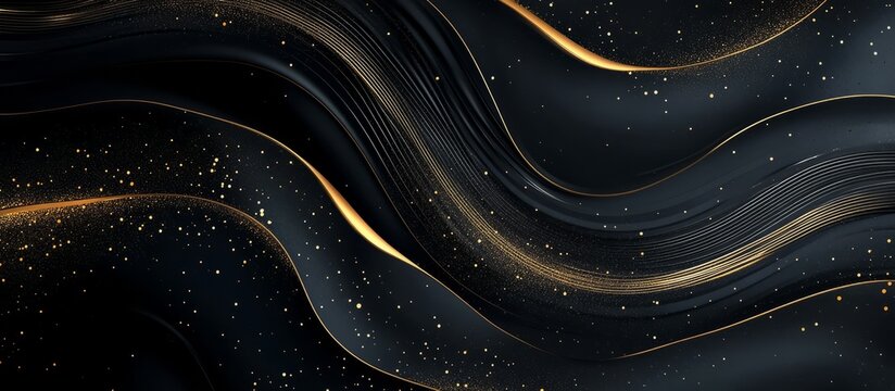 Dark abstract background featuring golden waves and glitter, banner