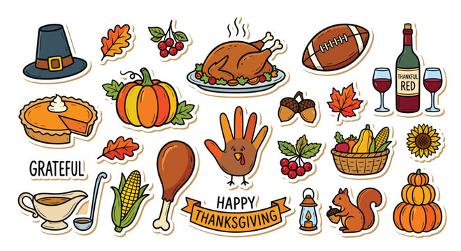 Set of thanksgiving holiday stickers with turkey, pumpkin, pie and autumn elements