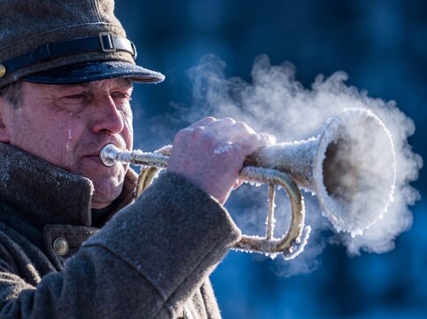 Cold Weather Trumpeter: Soldier Plays Frosted Bugle in Freezing Temperatures, Steam Emitting